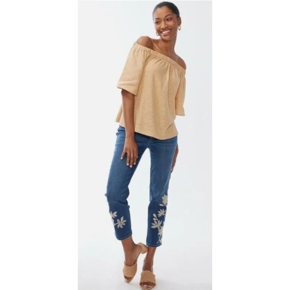 Chico's Linen Off Shoulder Romance Sleeve Top Women Size 1 M Coriander Beige NWT